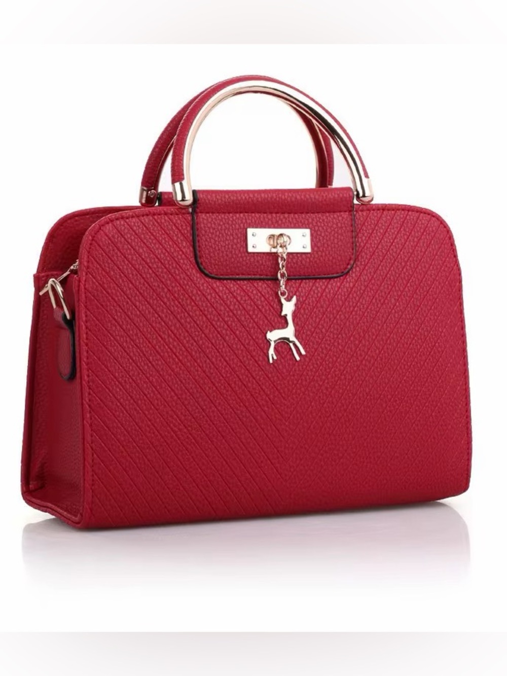 Red Structured Tote Handbag with Deer Charm